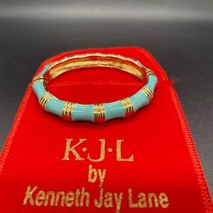 Kenneth Jay Lane Gold & Turquoise Blue Enamel Bamboo Bangle Bracelet